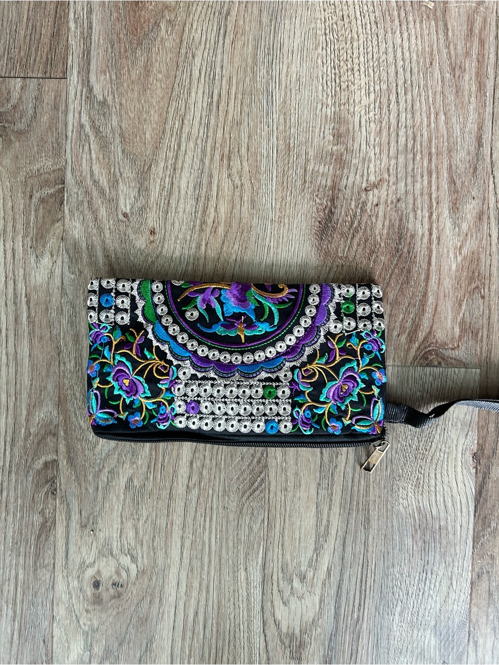 Embroidered boho Floral Clutch Wallet - Black with Purple & Teal🚨